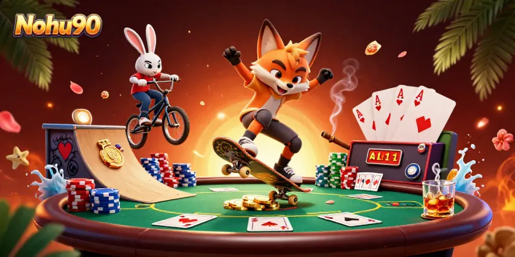 Nohu90 showcases thrilling 3D gaming action with vibrant casino elements in a lively scene.
