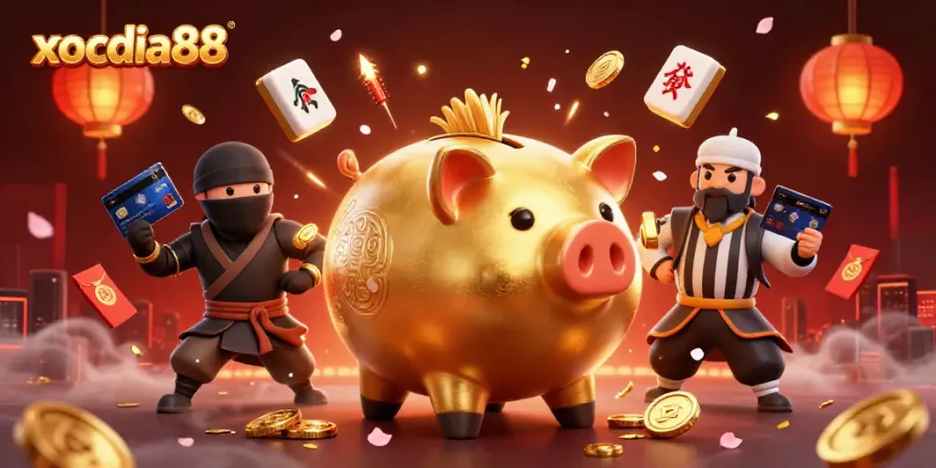 xocdia88 showcases a golden piggy bank sumo wrestler with coins, exciting gambling scene