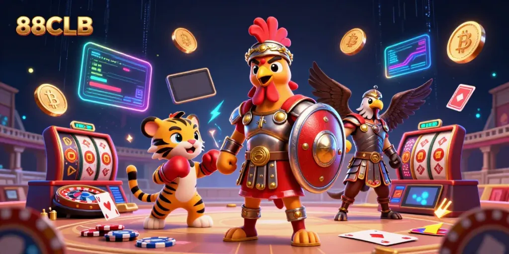 Experience the thrilling games of 88CLB with dynamic casino elements in a vibrant 3D scene.