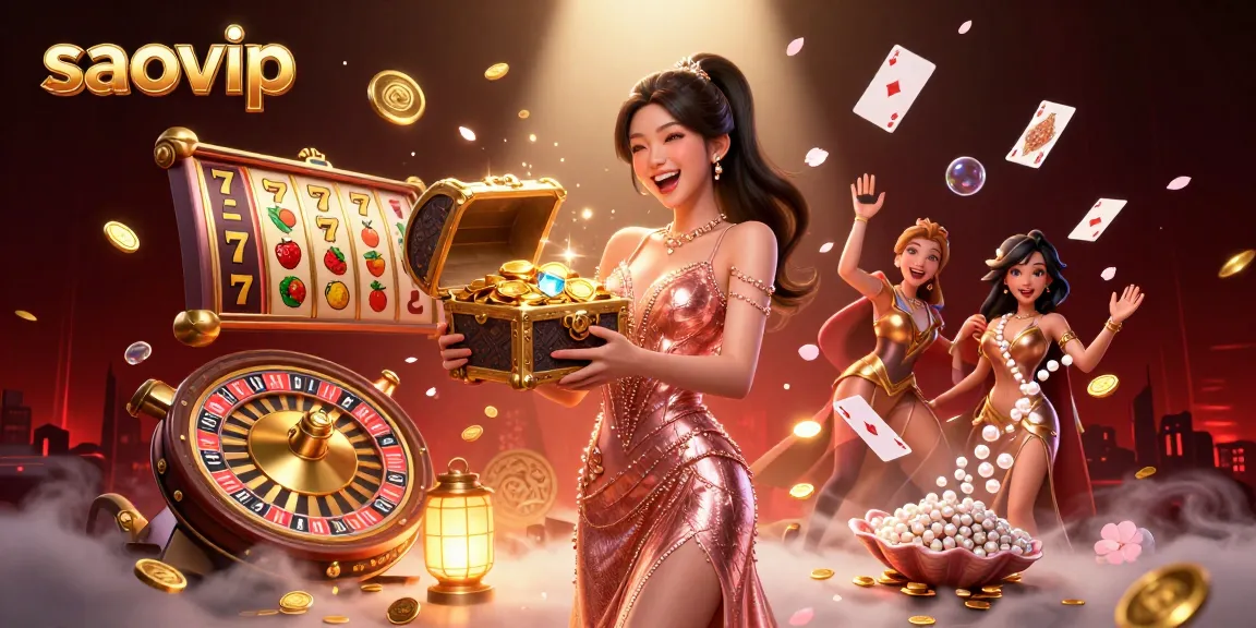 Engage with the excitement of saovip as a vibrant Asian woman presents a treasure chest of casino riches.