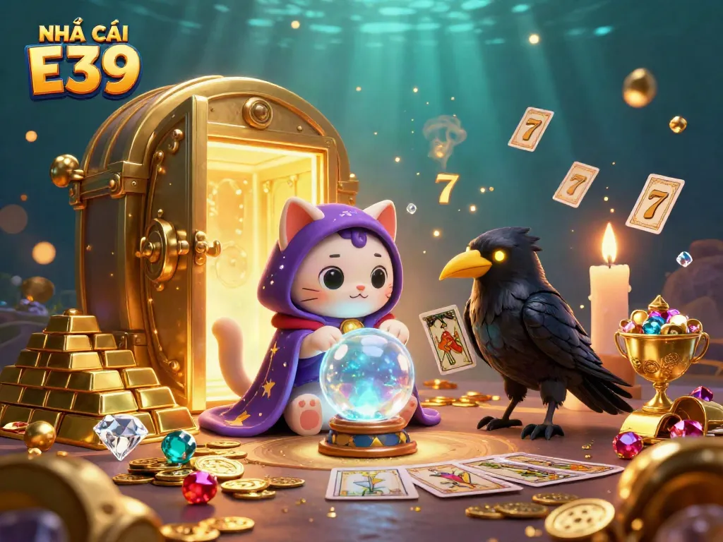 Engage in thrill and excitement with NHÀ CÁI E39's vibrant 3D casino illustration featuring fortune teller characters amidst gold and jewels.