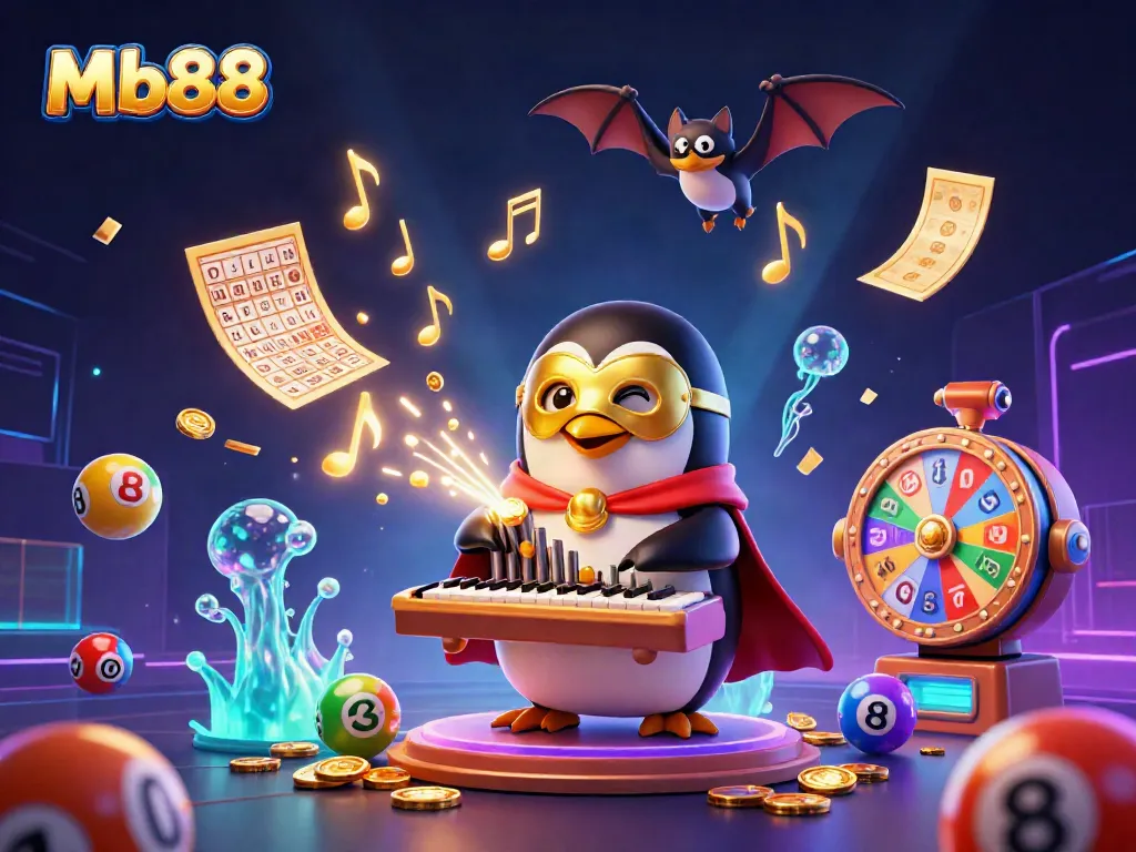 Experience thrilling gameplay at Mb88 with a vibrant casino scene featuring a penguin, gold coins, and lottery elements.