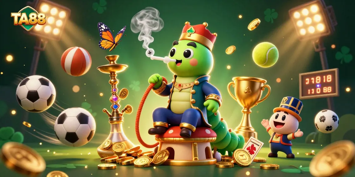 TA88 showcases a vibrant 3D illustration of a caterpillar hookah-master with poker symbols, surrounded by dynamic sports elements.