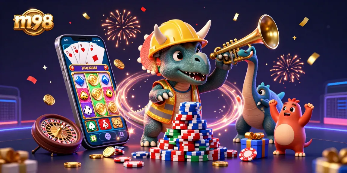 Celebrate wins with m98 featuring a triceratops building poker chips amidst gaming excitement.