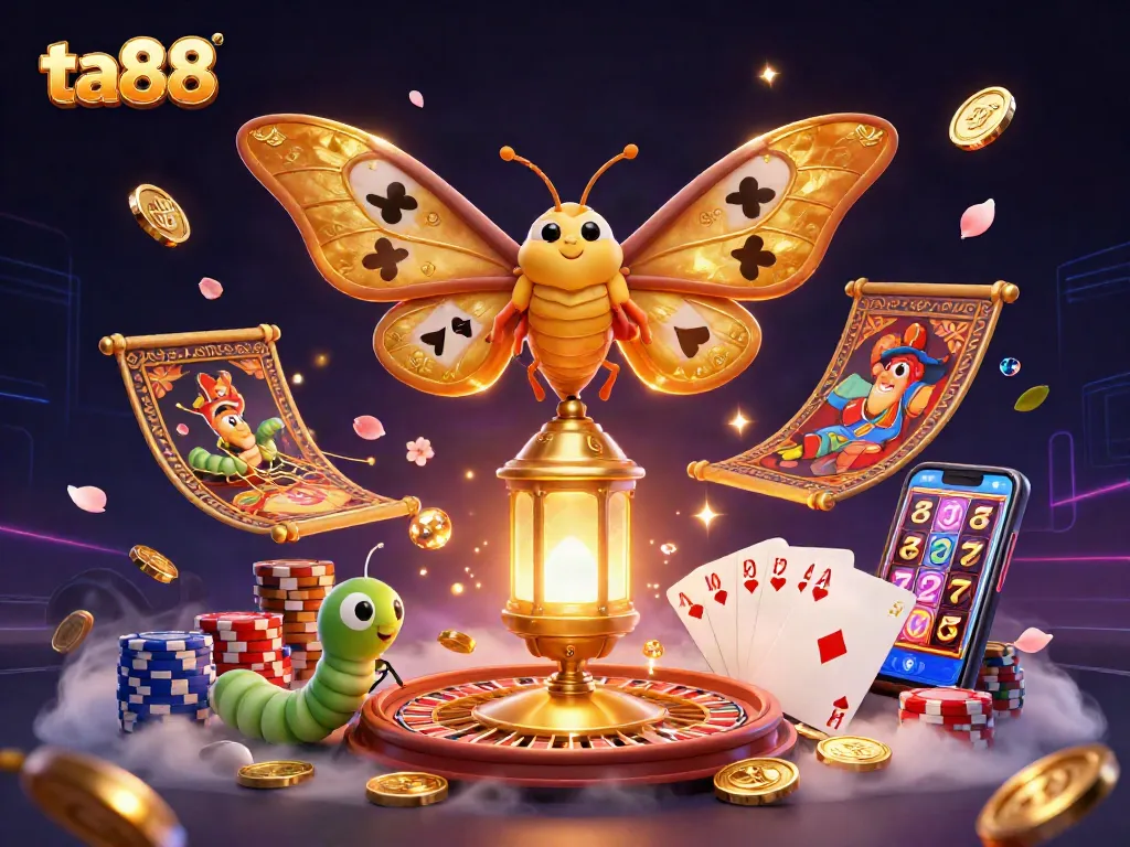 Experience ta88's vibrant casino scene filled with a dazzling atlas moth, golden coins, and striking game elements.
