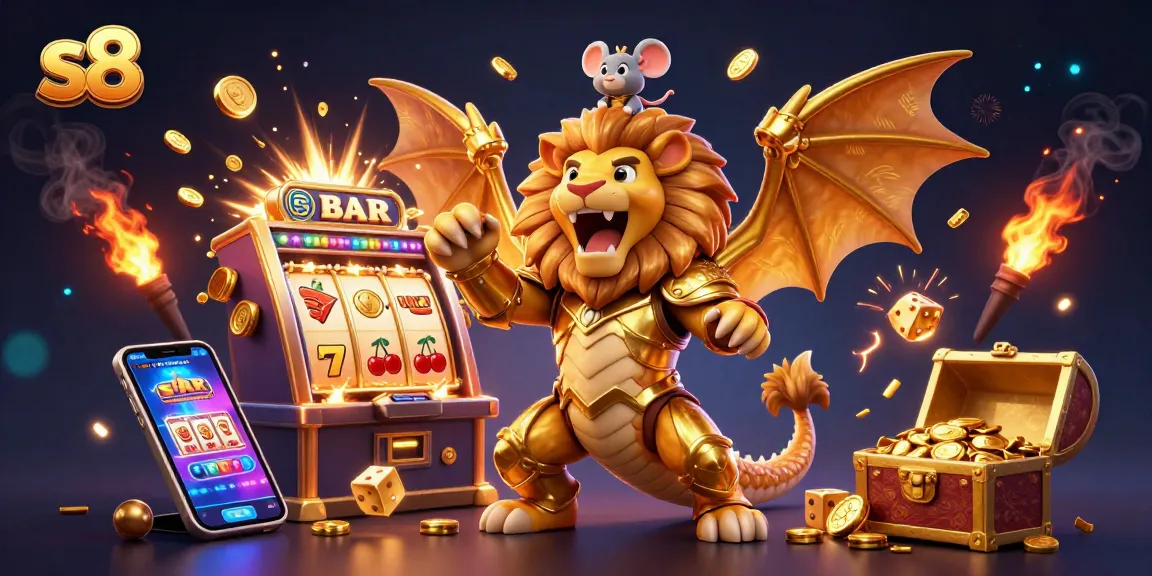 Experience the excitement of s8's jackpot with a vibrant, 3D illustration featuring a chimera and casino elements.