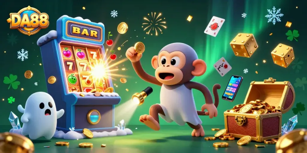 Experience the thrill of DA88 with a whimsical 3D casino scene featuring a poltergeist monkey and ghost-hunter puppy.