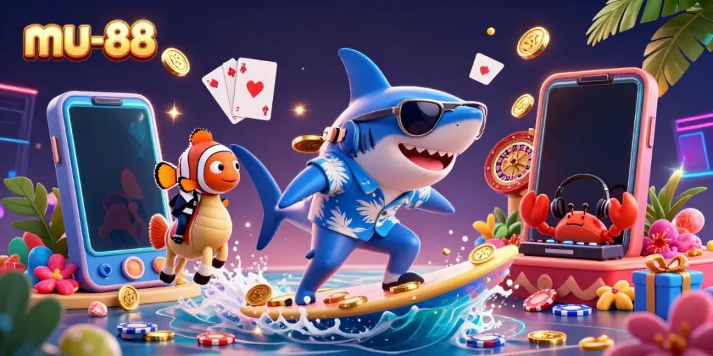 Experience thrilling wins at mu-88 with a vibrant casino adventure featuring a shark, seahorse, and crab DJ.