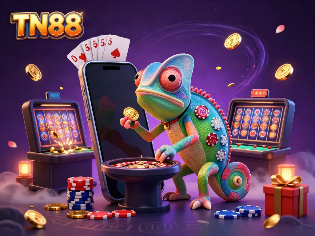 Engage with TN88's vibrant casino world, featuring a colorful chameleon mascot amidst dynamic gaming elements.