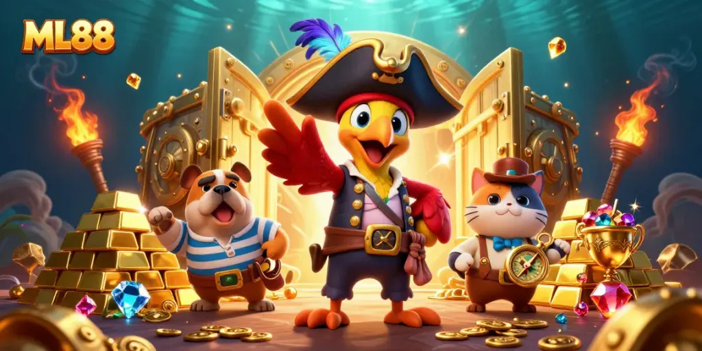 ML88 aims for exhilarating wins with a vibrant scene featuring a pirate captain and treasures