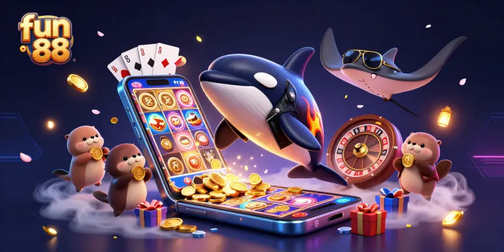 Experience fun 88 action as a dynamic scene unfolds with a jumping orca and otters holding coins.