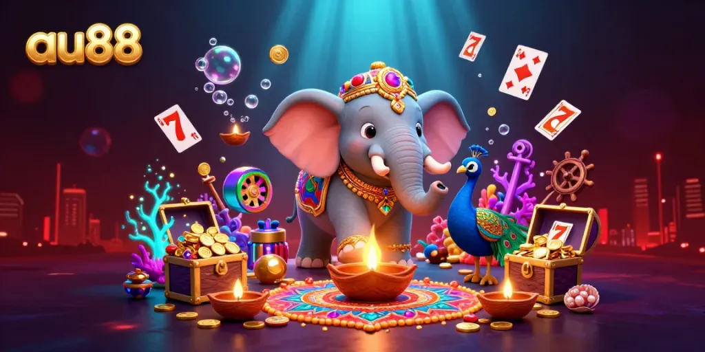 Experience excitement at au88 with colorful characters and dynamic casino elements in a vibrant scene.