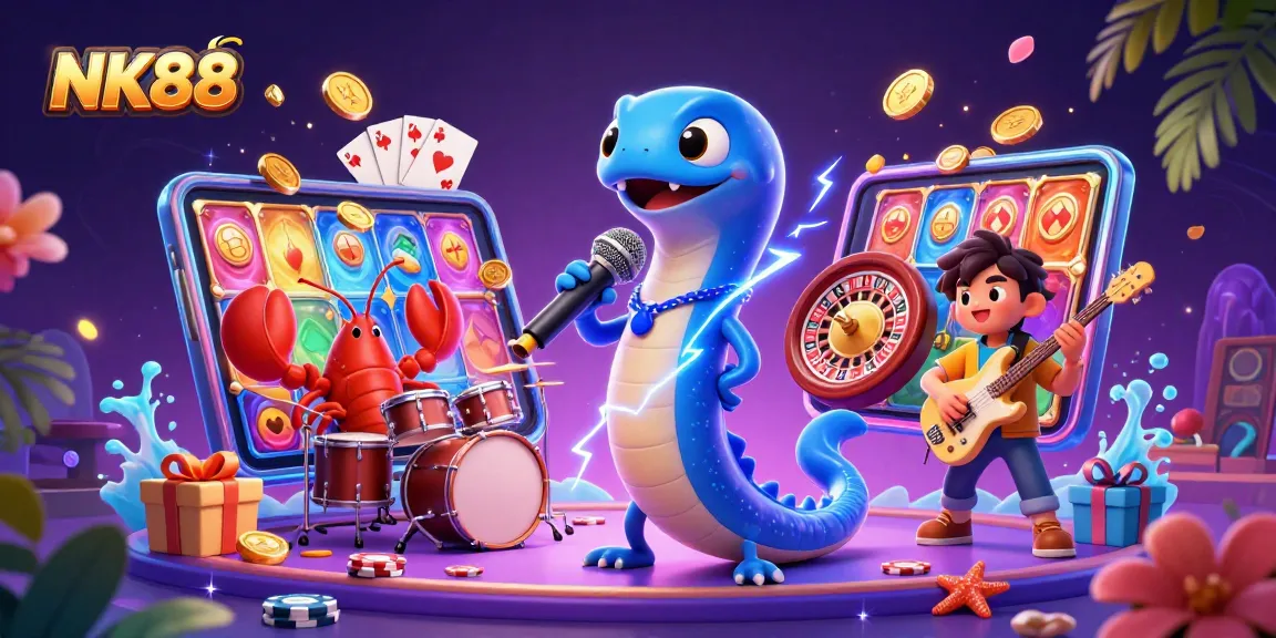 NK88 showcases lively underwater casino vibes with a DJ electric eel and dynamic band.