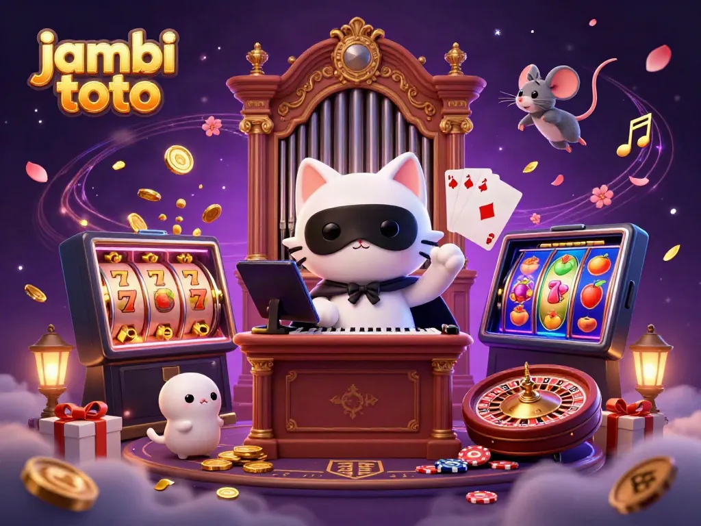 Experience jambi toto with a whimsical casino scene illustrating a phantom cat, mouse acrobat, and slot game elements.