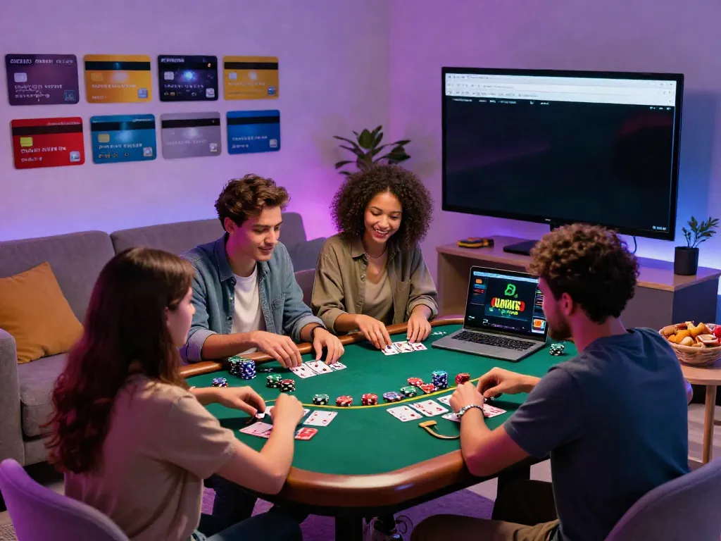 Engaged friends enjoying a game at a credit card casino in a vibrant online setting.
