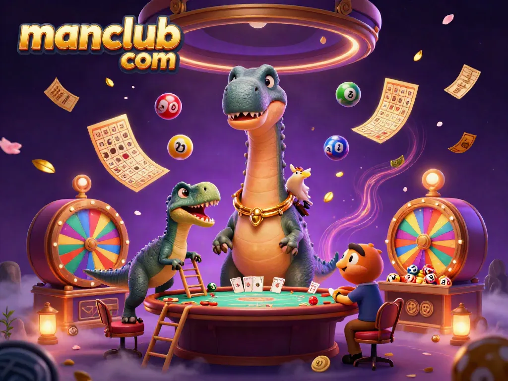 Engage with manclub com's exhilarating gaming atmosphere, showcasing vibrant lottery elements and dynamic casino characters.