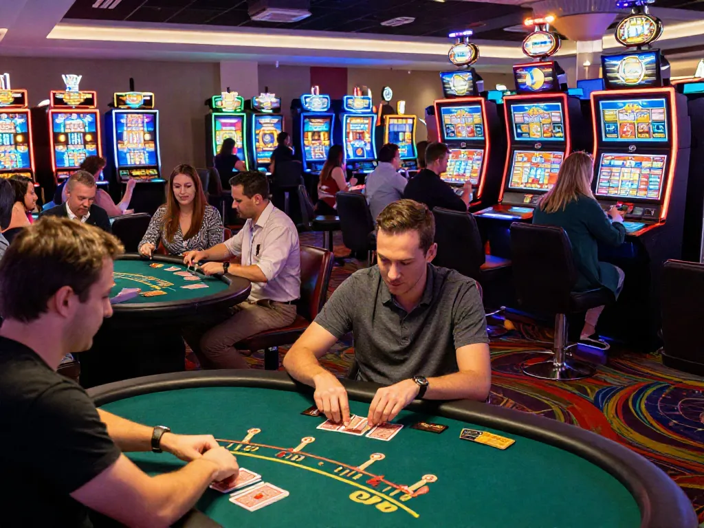 Engaging scene of players at new casinos that accept credit cards, enjoying lively slot machines and table games.