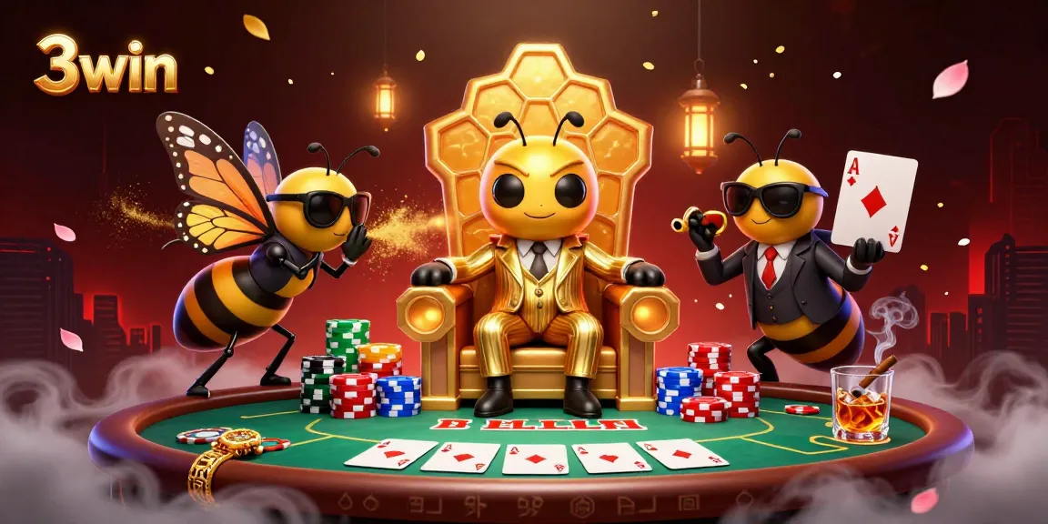 Engage with 3win's lively casino atmosphere featuring a bumblebee mob boss directing a poker game in an exquisite setting.