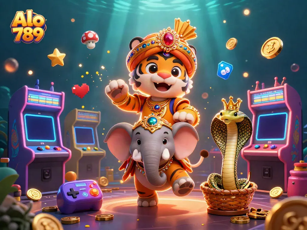 Alo 789 showcases vibrant casino elements with a tiger and elephant in a dynamic scene.