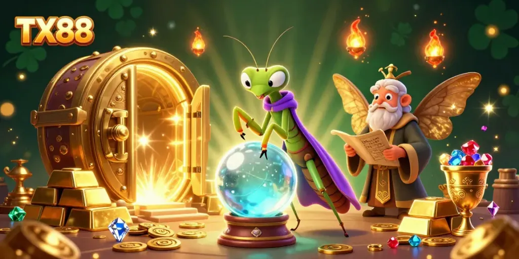 Experience captivating games at TX88 with a vibrant illustration featuring fortune teller and magical elements.