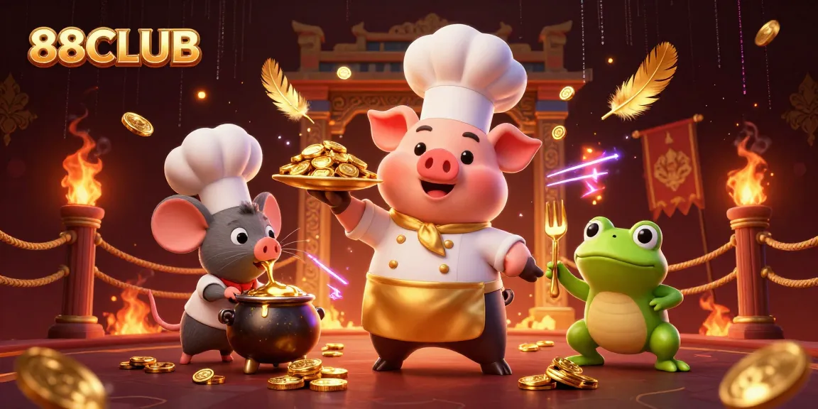88CLUB showcases a chef pig serving gold coins in a vibrant casino-themed 3D illustration.