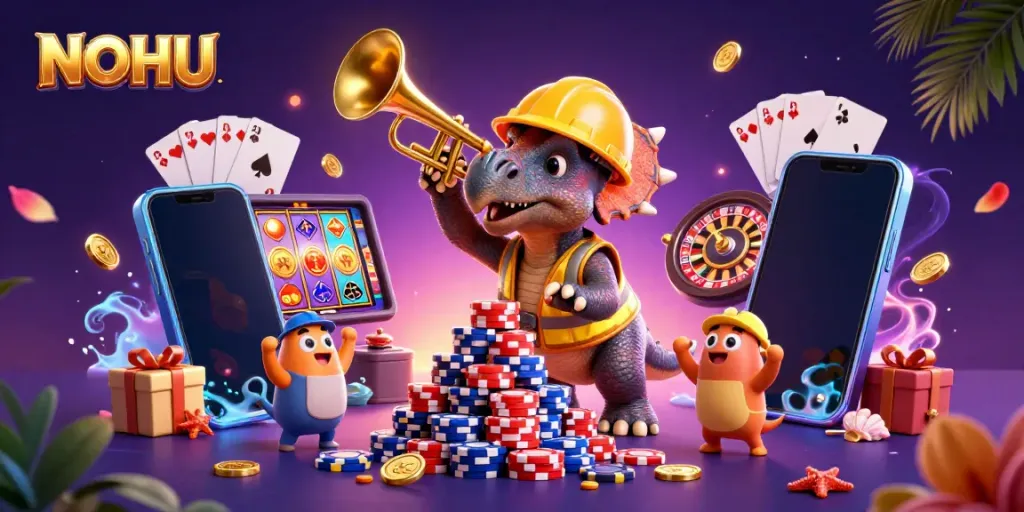 Engaging NOHU gaming scene displaying a triceratops stacking poker chips with festive elements and vibrant casino symbols.