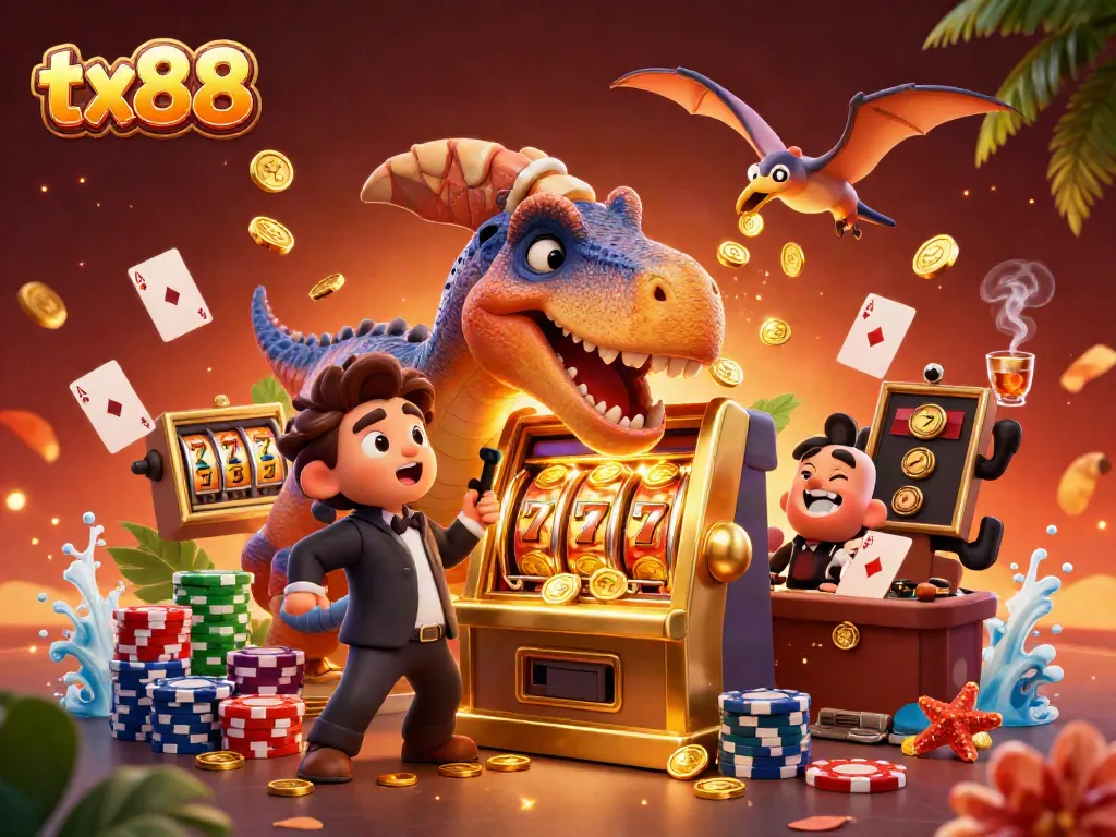 tx88 thrills players as a pachycephalosaurus wins big at the casino, catching flying coins and winning jackpots.