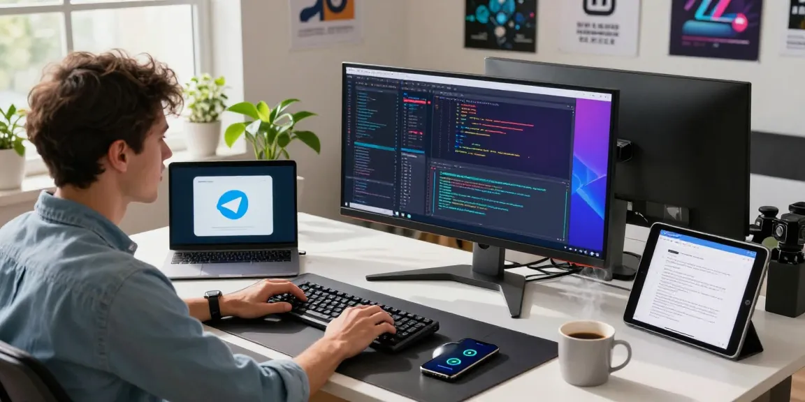 Engaged developer utilizing Telegram下载 on dual monitors in a modern office workspace.