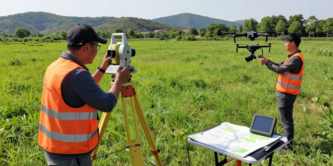 Surveyors conducting topographical surveys Surrey with advanced equipment in a natural landscape.