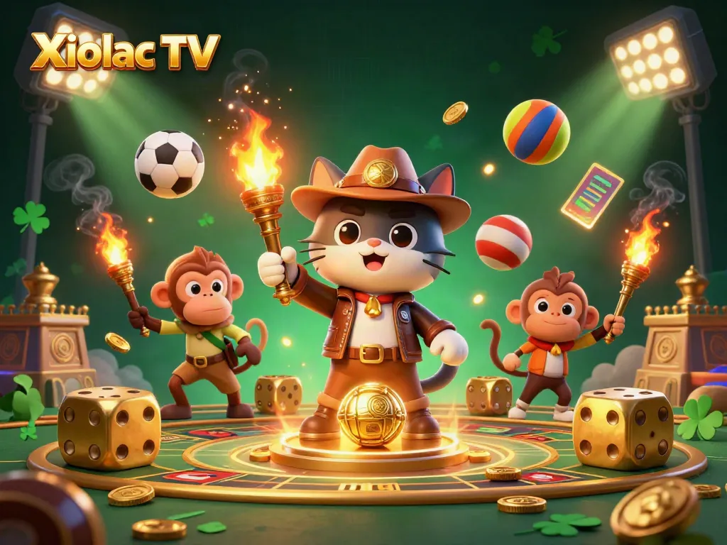 Experience thrilling action with Xoilac TV as a cat explorer uncovers golden artifacts amidst dynamic casino elements.