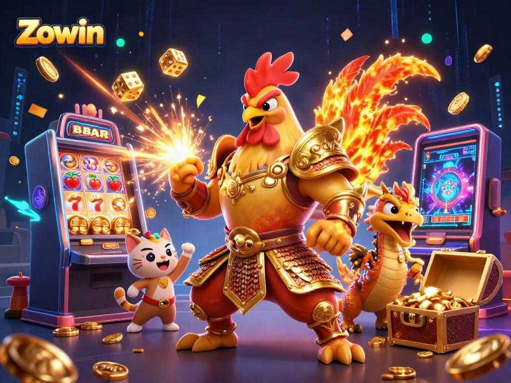 Engage with Zowin, a thrilling online casino featuring a dynamic 3D illustration of a rooster warrior and dragon in action.