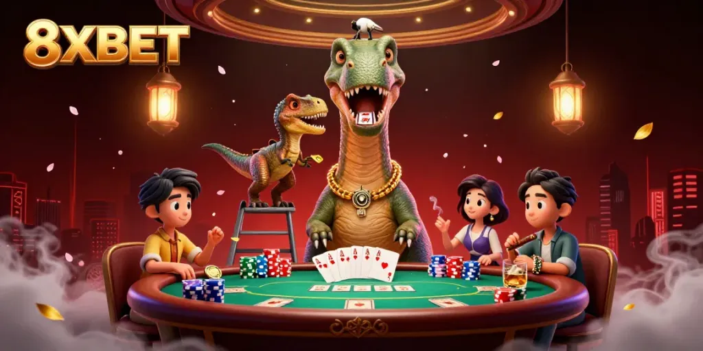 8XBET online gaming experience illustrated with 3D animated casino scene featuring a brontosaurus.