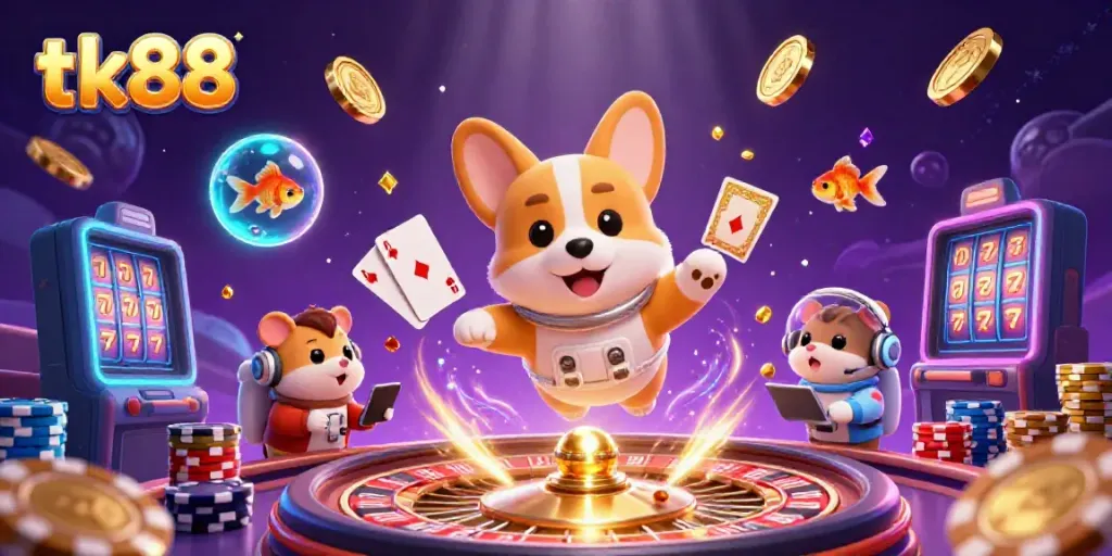Bet on tk88 with astronaut corgi floating in a vibrant casino scene, rich visuals of casino elements.