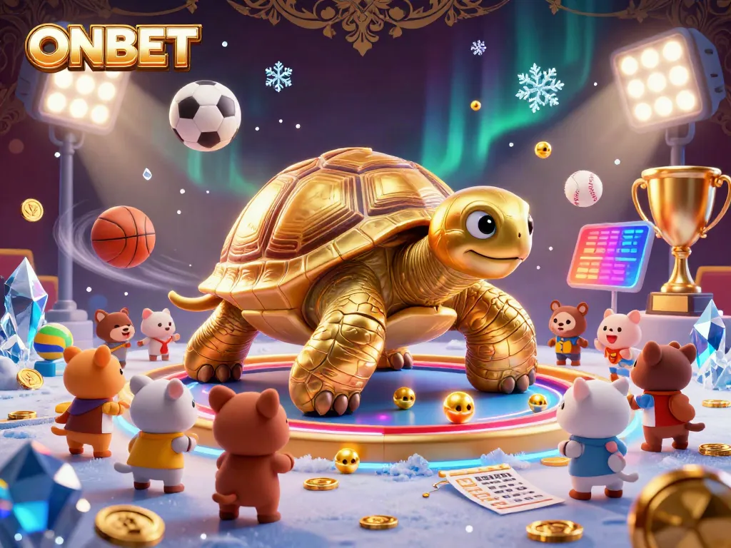 Experience the vibrant ONBET scene with a golden tortoise pinball machine and excited animals playing.