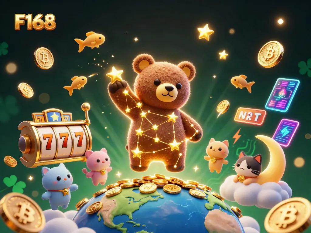 Experience F168 casino fun as the constellation bear scoops up golden coins surrounded by vibrant gaming elements.