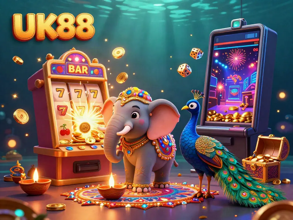 Experience the thrill of UK88 with a vibrant Diwali-themed scene featuring exciting casino elements, including a slot machine jackpot explosion.