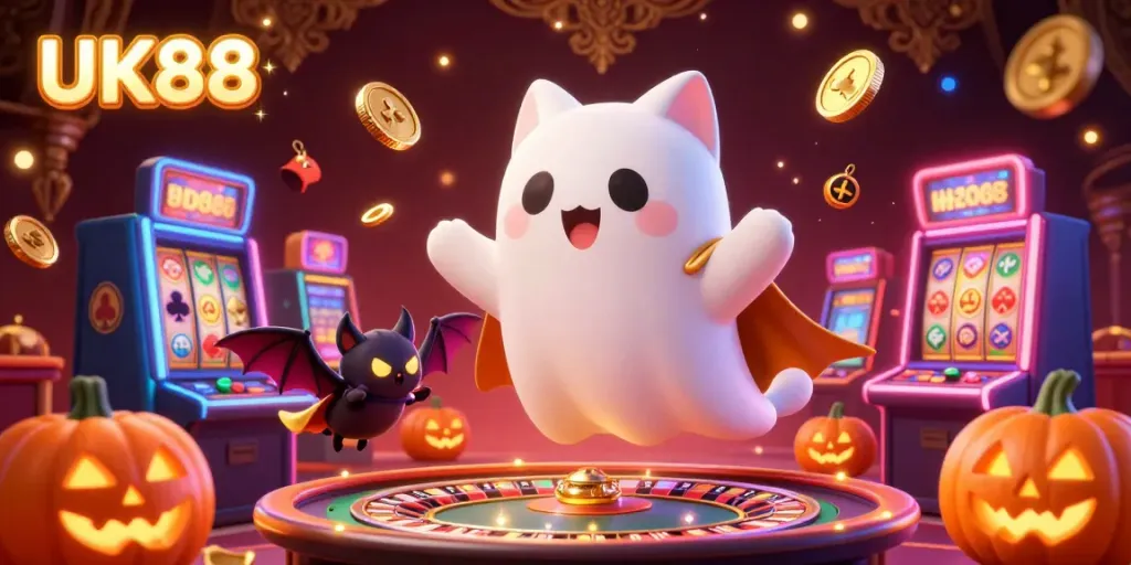 Engage with the exciting casino world of UK88 featuring a ghost cat and vampire bat amidst vibrant slot machines.