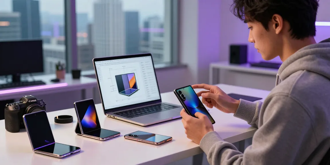 Tech enthusiast exploring foldable phones 2026 at a modern workspace with design schematics and vibrant accessories.