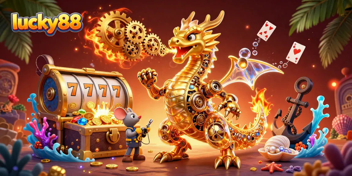 Experience the thrill of lucky88 with vibrant slot reels, golden treasures, and an engaging dragon animated scene.
