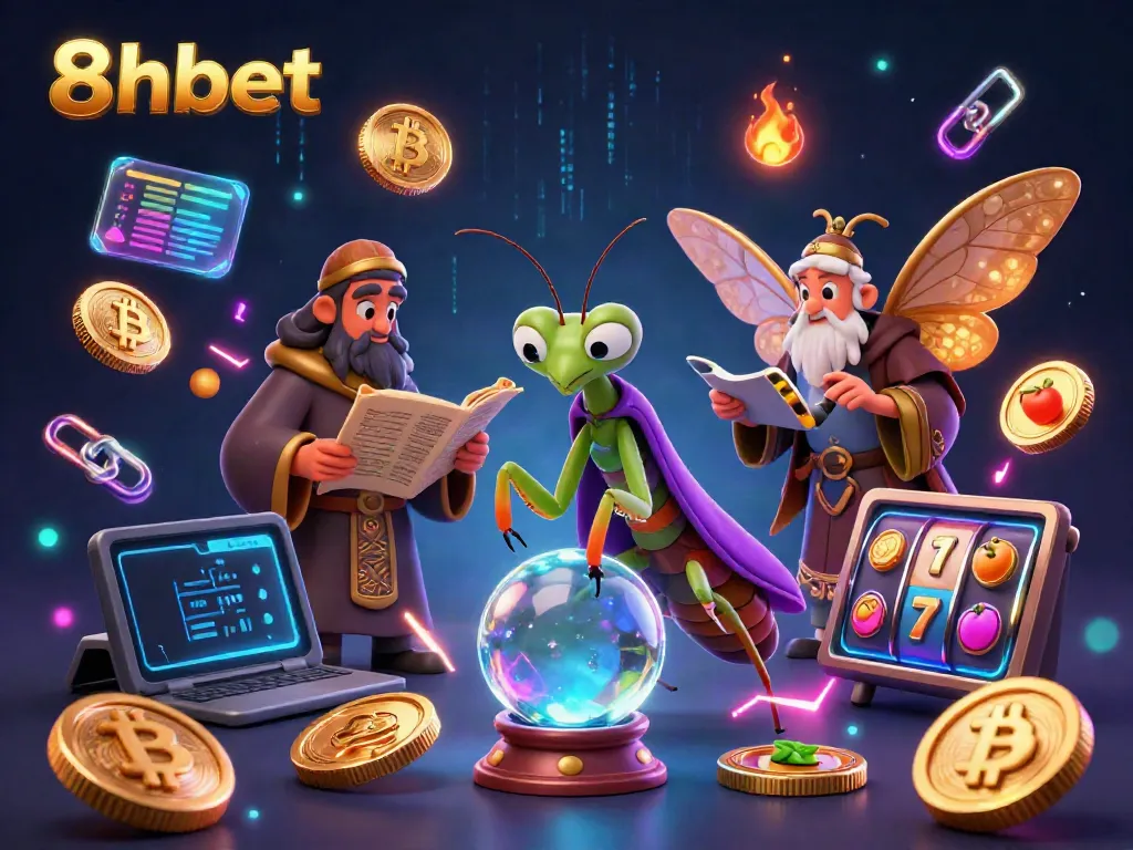 Experience the excitement of 8xbet with a vibrant 3D illustration featuring a fortune teller and gaming elements.
