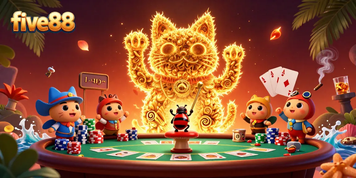 Experience the thrill of five88 with a vibrant 3D lucky cat and dynamic poker scene.