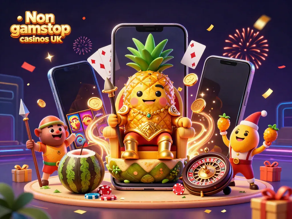 Experience excitement with the Non gamstop casinos UK scene featuring vibrant characters and casino elements.