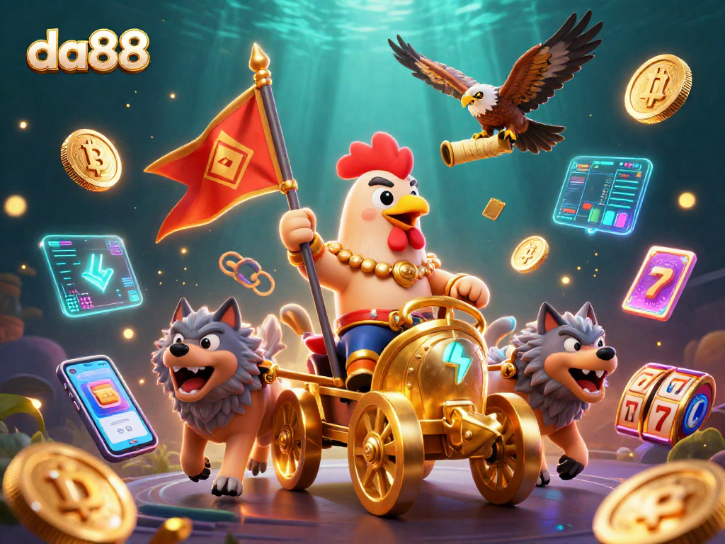 Experience the excitement of da88 with a rooster warlord in a vibrant casino scene.