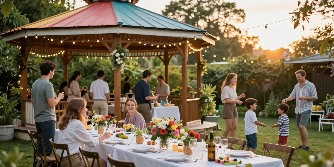Transform your event with https://www.gazebohirelondon.co.uk/ showcasing a colorful gazebo at a lively garden party.