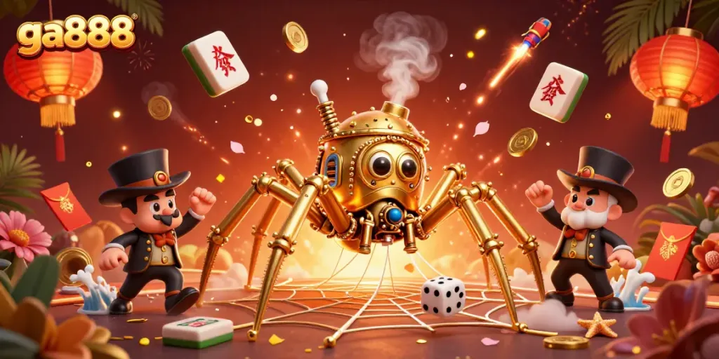 Engage with ga888 in a vibrant casino world featuring a steampunk spider and playful gambling elements.