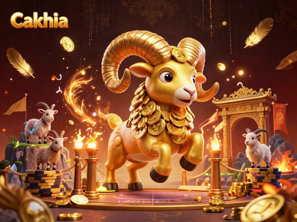 Cakhia offers sports betting excitement with vibrant golden ram charging through a dynamic arena.