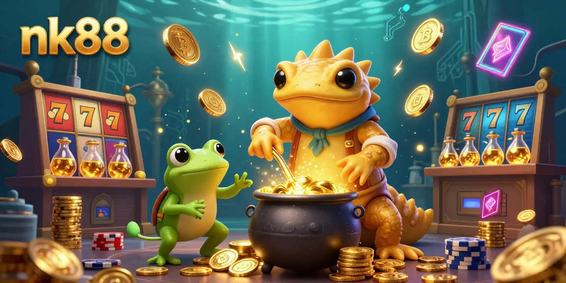 Engage with nk88's thrilling gaming world while betting on vibrant slot reels and poker chips.