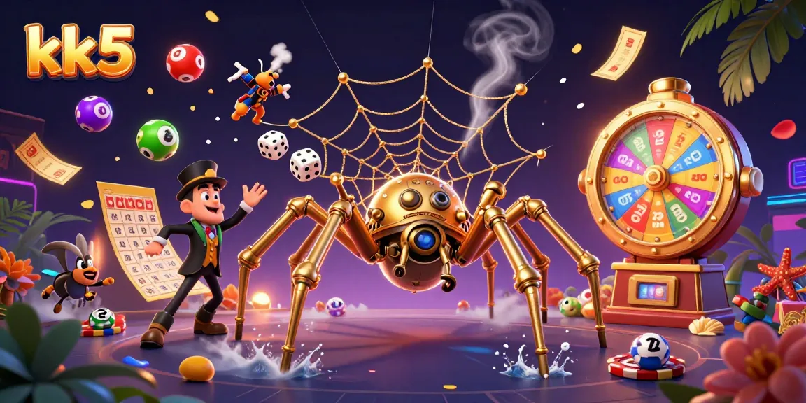 Engage with dynamic kk5 gaming action featuring a golden spider web and vibrant lottery elements.