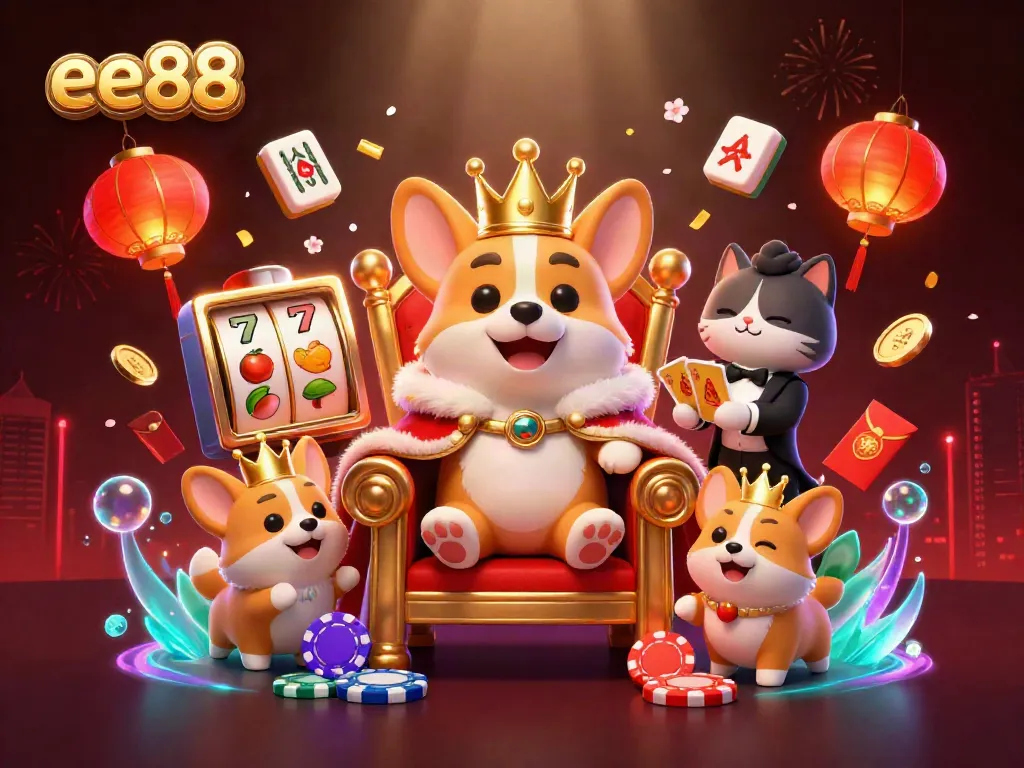 Engage with exciting casino action at ee88 featuring a royal corgi on a throne of poker chips.
