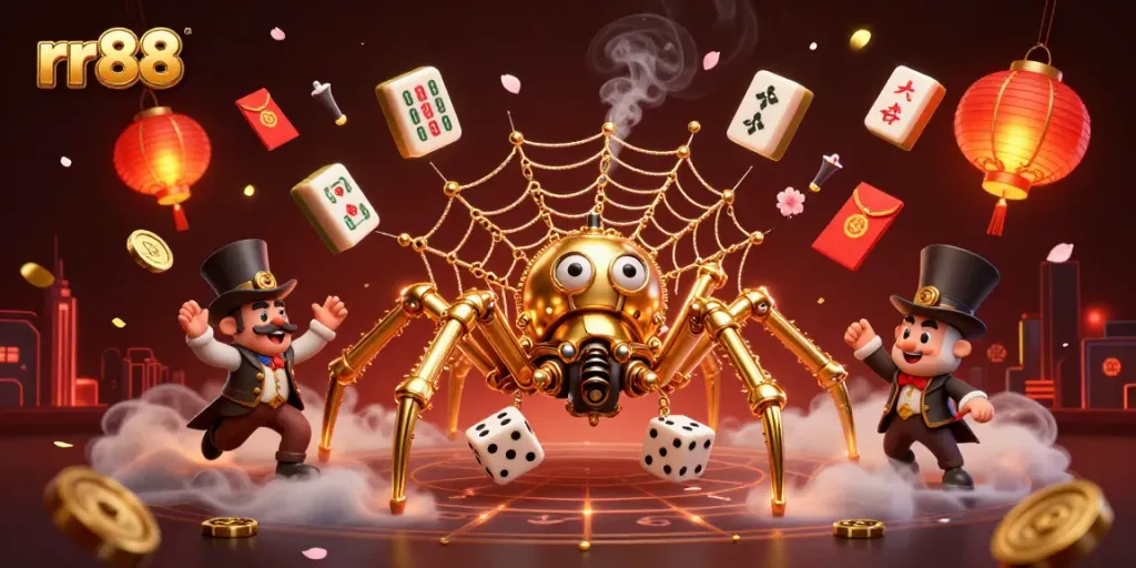 Experience the thrill of rr88 with a steampunk spider and golden web in this vibrant casino illustration.